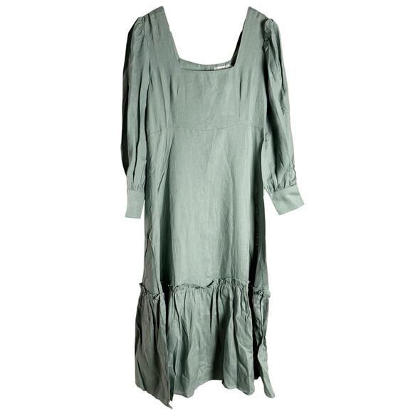 Harshman Bloom Sage Green Long Sleeve Square Neck Flounce Midi Dress Size S - Picture 3 of 12